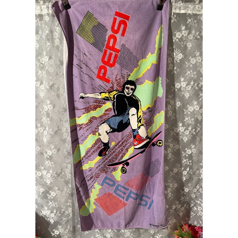 Vintage 80s Pepsi Beach Towel Retro 1980s Skateboarder Dayglow Neon Summer